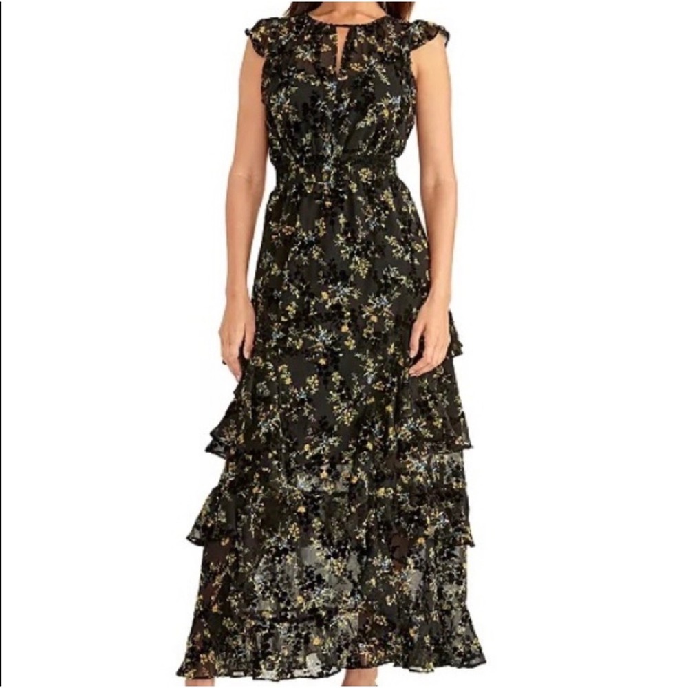 Rachel Roy Maxi Dress 12 Black Floral Tiered Ruffle Smocked Waist Polyester